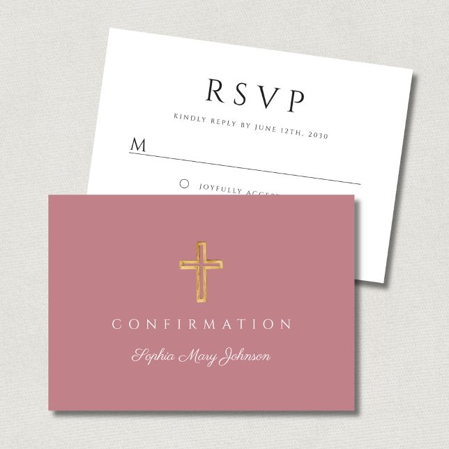 Cartons Réponse Fille Rose Poussiéreuse Croix Religieuse Confirmat (Dusty Pink Girl Religious Cross Confirmation RSVP Card)