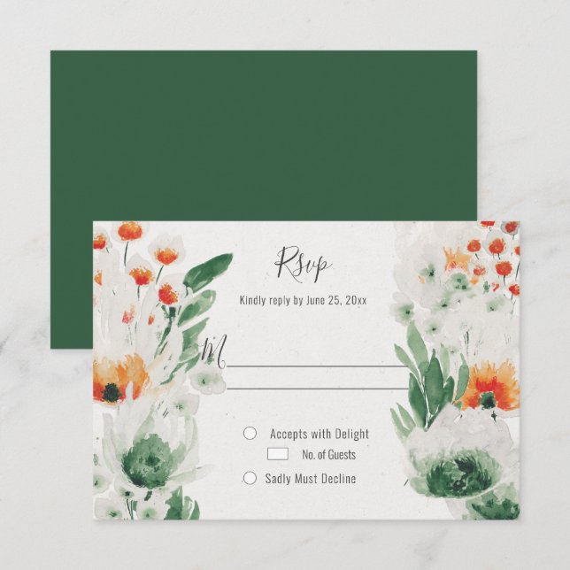 Cartons Réponse Fleur Aquarelle Moderne Vert Orange Atténué (Devant / Derrière)