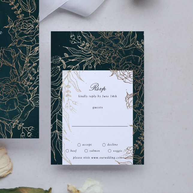 Cartons Réponse Fleur romantique modifiable Courbe Emerald Gold Fo (RSVP showcasing suite - additional items (bought separately))