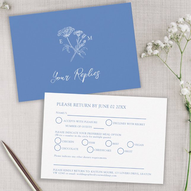 Cartons Réponse Fleur sauvage monogramme bleu option mariage (Créateur téléchargé)