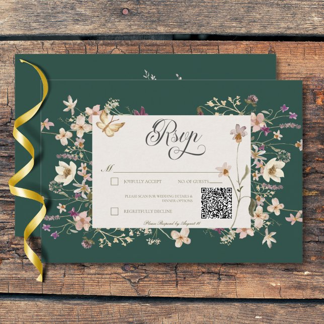 Cartons Réponse Fleur sauvage rustique Emerald Green QR Code (Rustic Wildflower Frame Emerald Green Three Dinner RSVP Card)