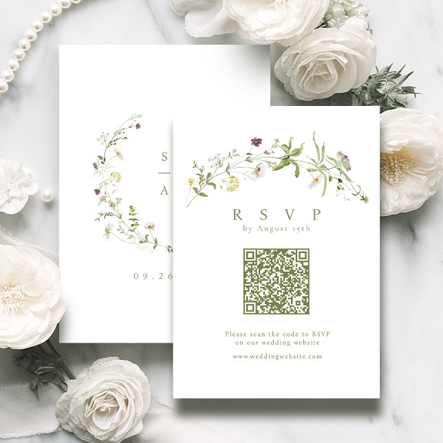Cartons Réponse Fleur sauvage Sage Green Rustic Boho Mariage de co (Sage Green Wildflower Rustic Boho QR code Wedding RSVP Card)