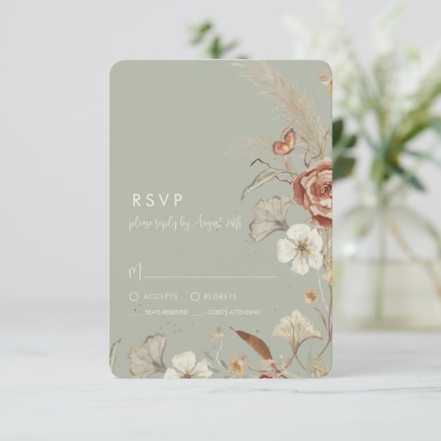 Cartons Réponse Fleur sauvage séché Floral BOHO Sage Green Mariage (Debout devant)