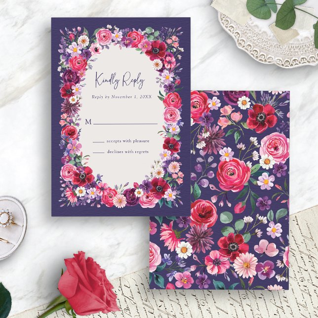 Cartons Réponse Fleur sombre lunatique (Moody Bold Dark Navy Blue Floral RSVP Card by Painted Paperie
)