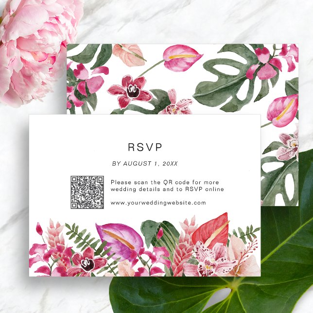 Cartons Réponse Fleur tropicale colorée (Colorful Tropical Floral RSVP Card QR Code by Painted Paperie
)
