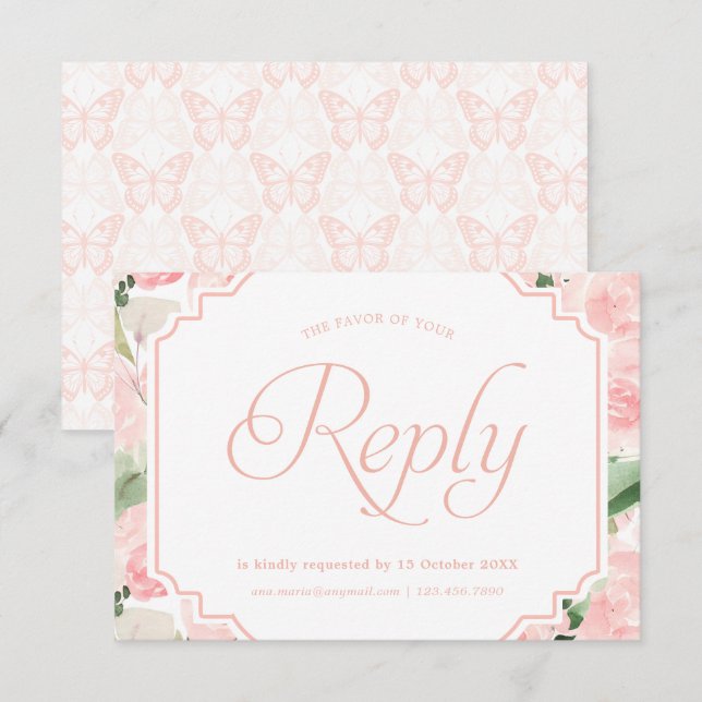 Cartons Réponse Fleurs aquarelles papillon rose poudré (Devant / Derrière)