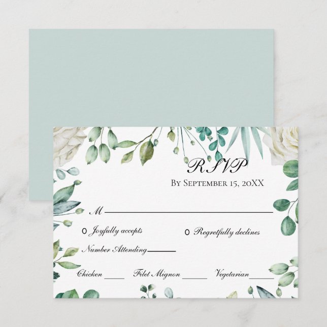 Cartons Réponse Fleurs blanches Botanique Eucalyptus Mariage   (Devant / Derrière)