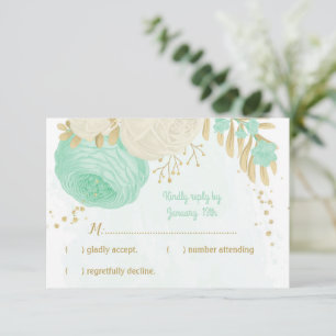 Cartons Réponse fleurs blanches vert menthe or mariage