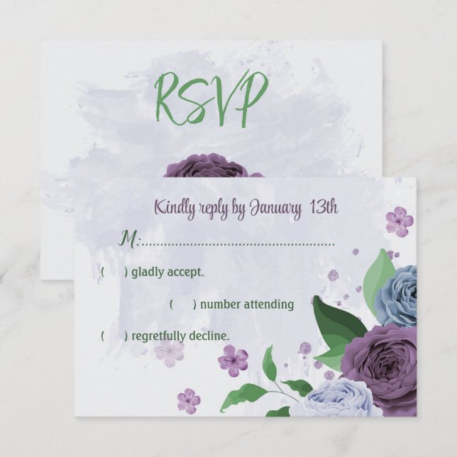 Cartons Réponse Fleurs bleu pourpre vert feuille mariage (Devant / Derrière)