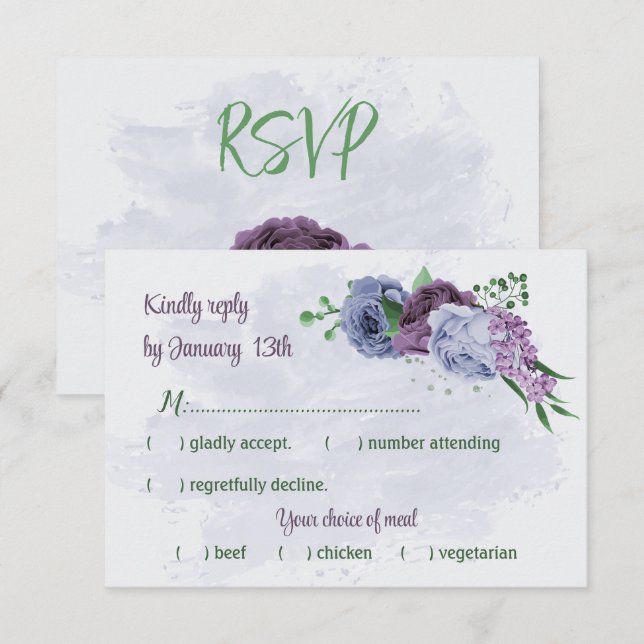 Cartons Réponse Fleurs bleu pourpre vert feuille mariage (Devant / Derrière)