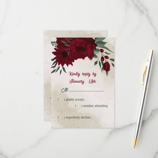 Cartons Réponse Fleurs bourguignonnes mariage (Devant/Arrière en situation)