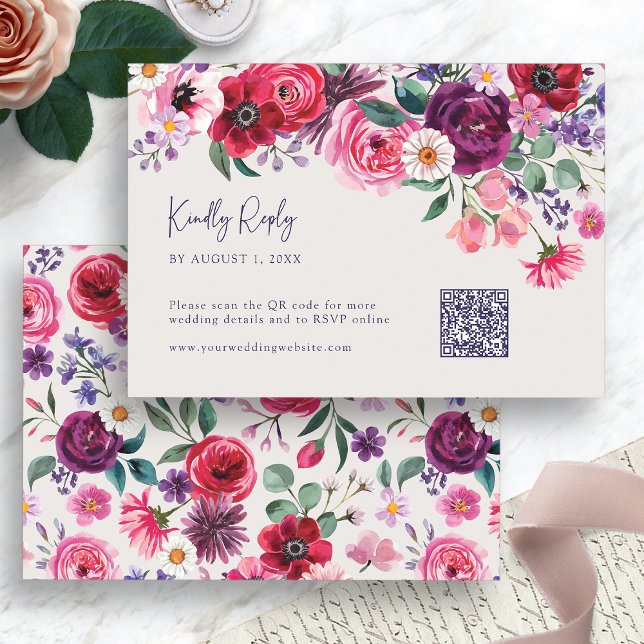 Cartons Réponse Fleurs Colorées (Elegant Colorful Watercolor Floral RSVP Card with QR Code by Painted Paperie
)