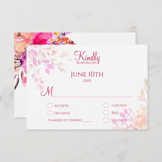Cartons Réponse Fleurs d'aquarelle rose et orange Mariage élégant (Devant / Derrière)