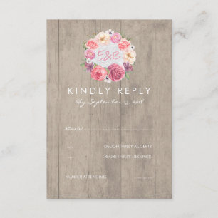 Cartons Réponse Fleurs d'aquarelle rose Mariage rustique en bois R