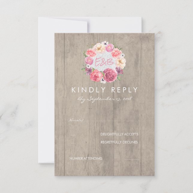 Cartons Réponse Fleurs d'aquarelle rose Mariage rustique en bois R (Devant)