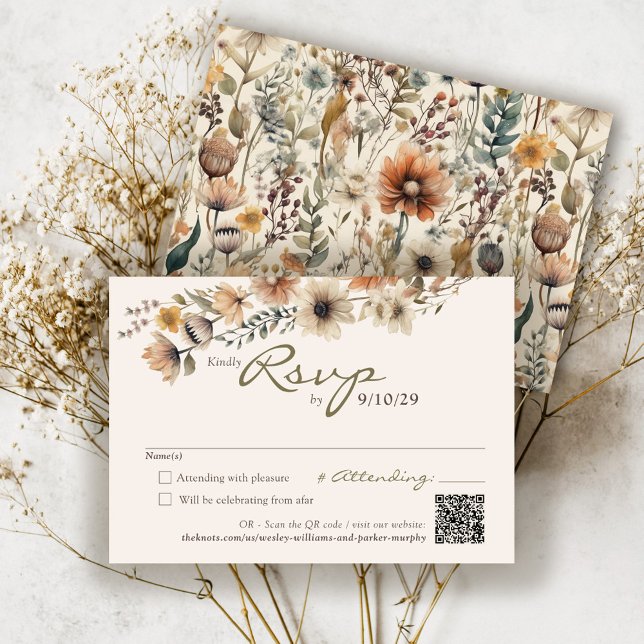 Cartons Réponse Fleurs d'automne aquarelle rustique mariage d'auto (Elegant colorful watercolor Fall floral boho botanical Autumn flower ivory wedding QR code rsvp card)