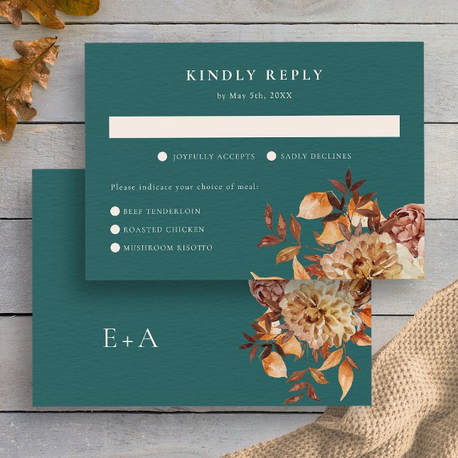 Cartons Réponse Fleurs d'automne sarcelle (Teal Watercolor Fall Floral RSVP Card Monogrammed by Painted Paperie
)