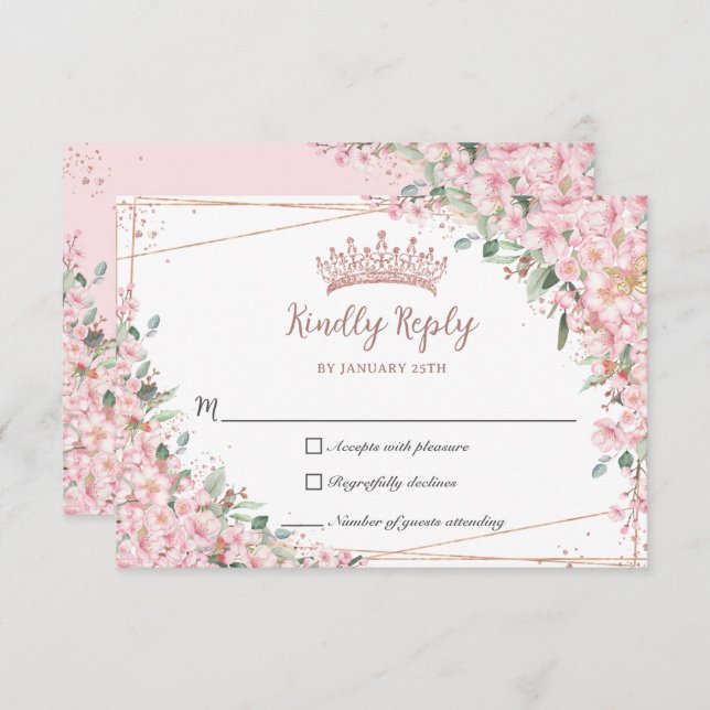 Cartons Réponse Fleurs de cerise Rose Gold Sweet 16 Quinceañera XV (Devant / Derrière)