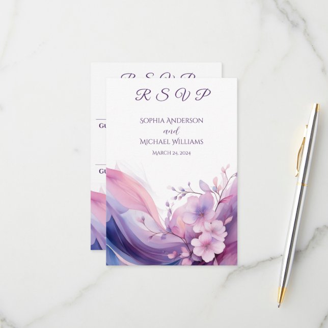Cartons Réponse Fleurs de cerisiers d'aquarelle-RSVP-Mariage (Devant/Arrière en situation)