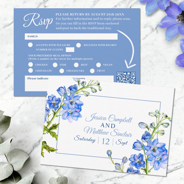 Cartons Réponse Fleurs de delphinium bleu aquarelle mariage QR cod (Créateur téléchargé)