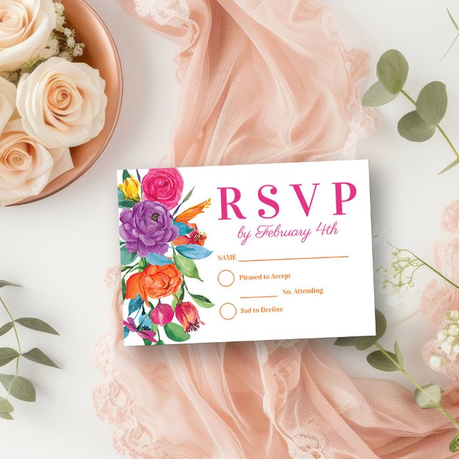 Cartons Réponse Fleurs de Fiesta Aquarelle blanche Floral (RSVP card from my Fiesta Flowers Quinceanera Collection)