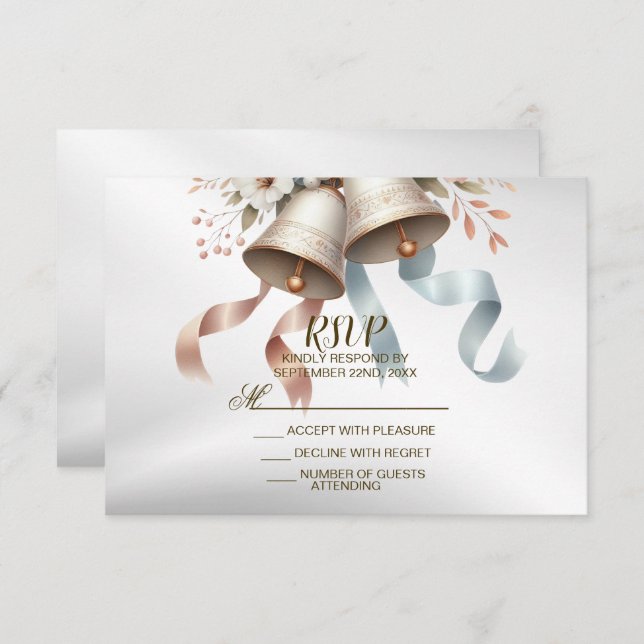Cartons Réponse Fleurs de mariage cloches Rubans bleu rose Beau (Devant / Derrière)