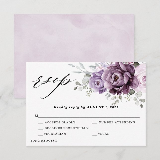 Cartons Réponse Fleurs de Pourpre Poussiéreux Teintées Mariage Flo (Devant / Derrière)