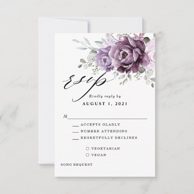 Cartons Réponse Fleurs de Pourpre Poussiéreux Teintées Mariage Flo (Devant)