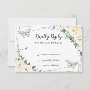 Cartons Réponse Fleurs de Quinceañera papillons argent blanc d'ivo