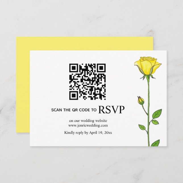 Cartons Réponse Fleurs de rose jaune QR code mariage floral (Devant / Derrière)