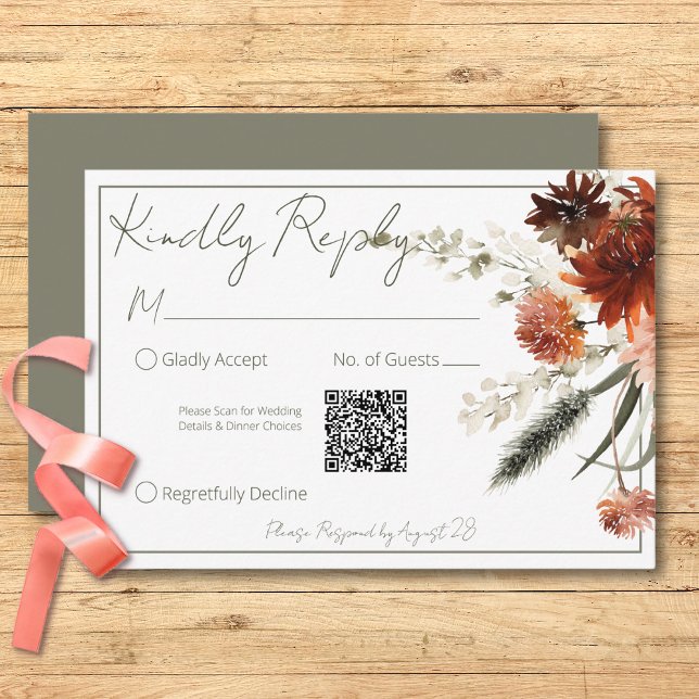 Cartons Réponse Fleurs de rouille en terre cuite rustique Code QR  (Rustic Terracotta Rust Flowers Green QR Code RSVP Card)