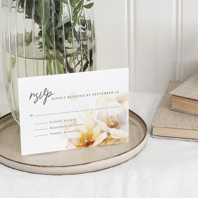 Cartons Réponse Fleurs élégantes blanches et or jaune (Elegant White Yellow Gold Flowers RSVP Card)