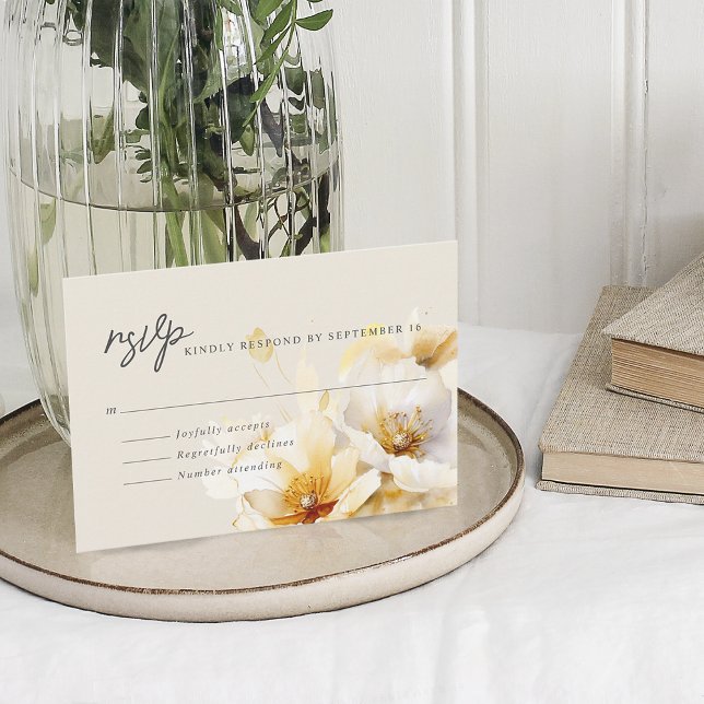 Cartons Réponse Fleurs élégantes blanches jaune or (Elegant White Yellow Gold Flowers RSVP Card)