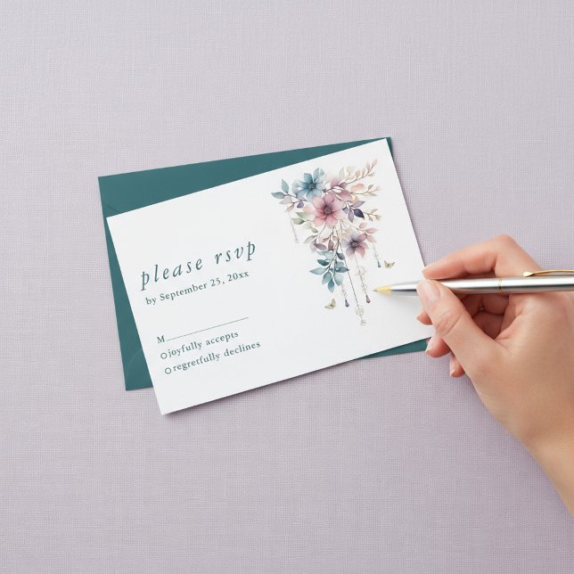 Cartons Réponse fleurs et papillons rose violet et bleu (pink purple and blue flowers and butterflies RSVP card.)