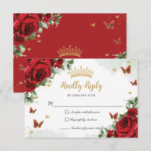 Cartons Réponse Fleurs florales rouges Papillons Gold Quinceañera