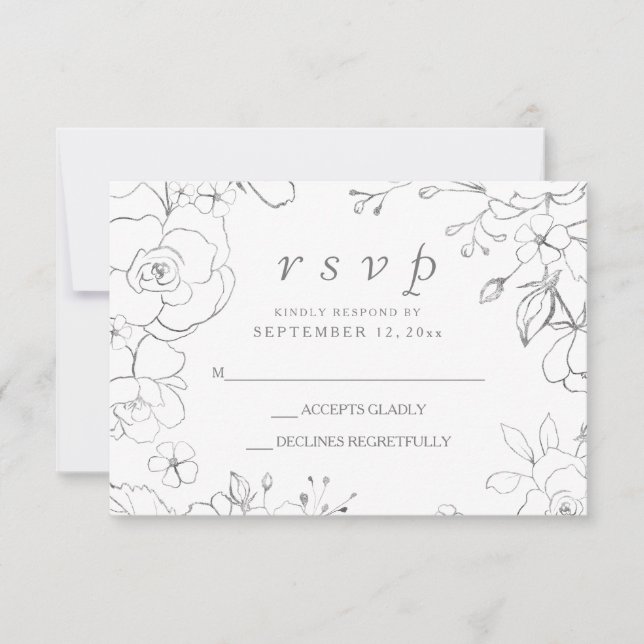 Cartons Réponse Fleurs grises argentées Simple Élégant Mariage RSV (Devant)