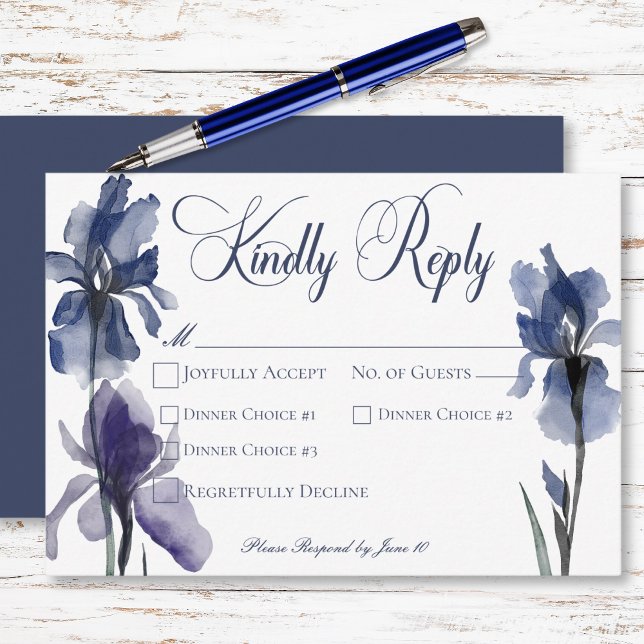 Cartons Réponse Fleurs Iris Bleues Dîner Mariage Moderne (Blue Iris Flowers Modern Wedding Dinner RSVP Card)