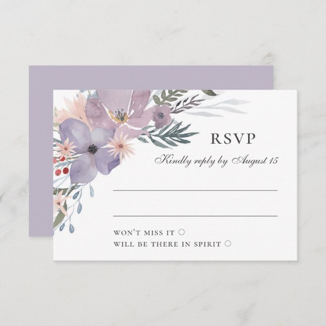 Cartons Réponse Fleurs lilas violettes d'aquarelle. Mariage floral (Devant / Derrière)