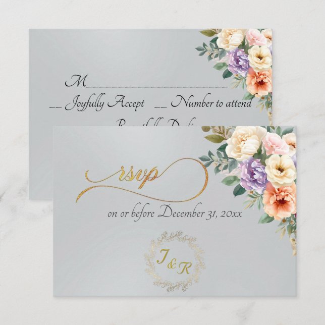Cartons Réponse Fleurs printanières & Couronne - Argent (Devant / Derrière)
