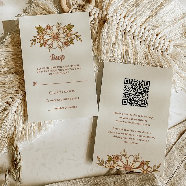 Cartons Réponse Fleurs rétro | Combo QR Code et Traditionnel (A trendy, neutral wedding rsvp card with retro flowers)