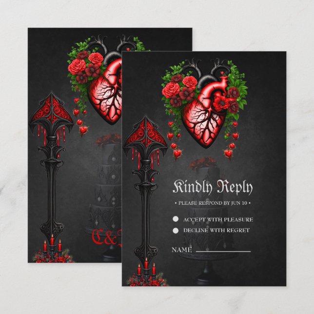 Cartons Réponse Fleurs rouges du coeur gothique. (Devant / Derrière)