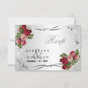 Cartons Réponse Fleurs Rouges et Roses et Paillettes d'Argent - RS