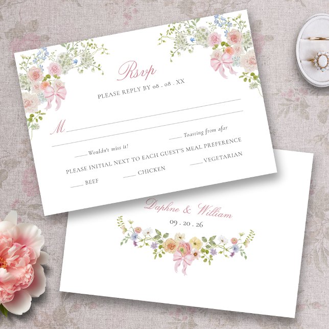 Cartons Réponse Fleurs sauvages aux rubans roses (Monogrammed Bows and Wildflowers Victorian Wedding RSVP Card
)