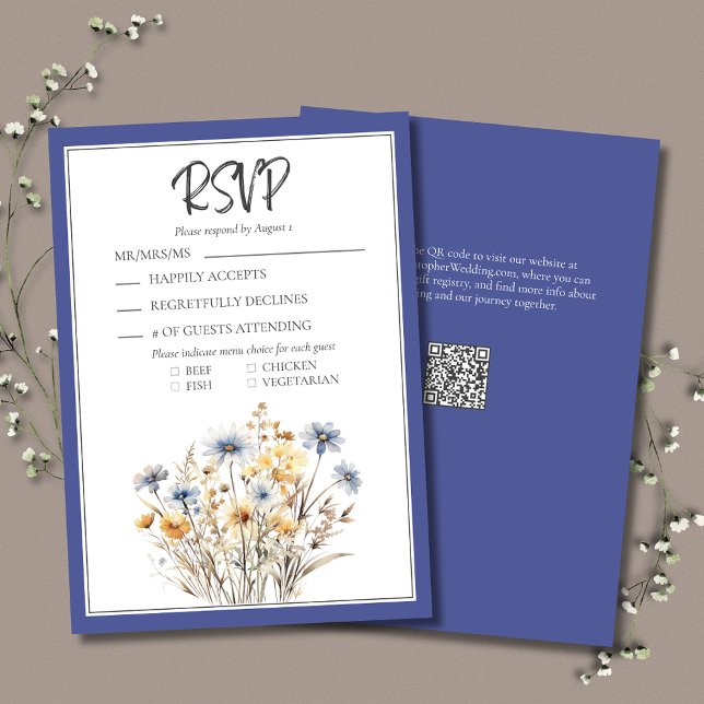 Cartons Réponse Fleurs sauvages Bleus Formal Élégant Mariage moder (Blue Wildflowers Formal Elegant Wedding RSVP Card with Menu Options, QR Code.)