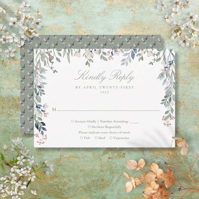 Cartons Réponse Fleurs sauvages floraux verdure Sage Mariage vert (Greenery Floral Wildflowers Sage Green Wedding RSVP Card)