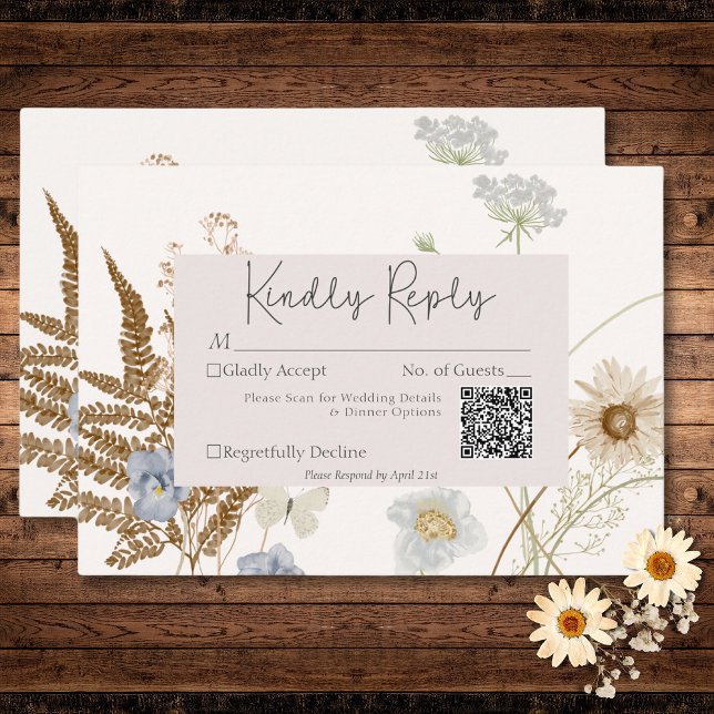 Cartons Réponse Fleurs sauvages sur Cream Mariage QR Code (Wildflowers on Cream Wedding QR Code RSVP Card)