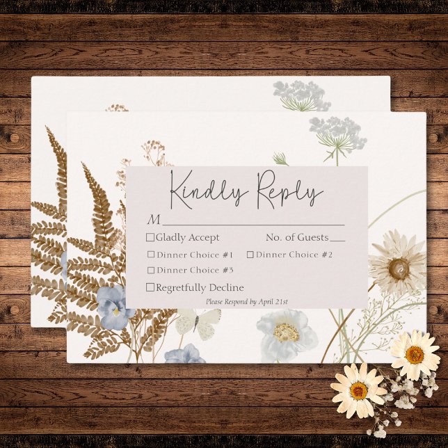 Cartons Réponse Fleurs sauvages sur Crème Mariage Trois Dîners (Wildflowers on Cream Wedding Three Dinner RSVP Card)
