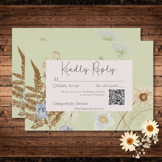 Cartons Réponse Fleurs sauvages sur le code QR Mariage de la lumiè (Wildflowers on Light Sage Wedding QR Code RSVP Card)