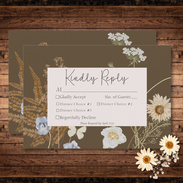 Cartons Réponse Fleurs sauvages sur Mariage Brown Trois Dîners (Wildflowers on Brown Wedding Three Dinner RSVP Card)