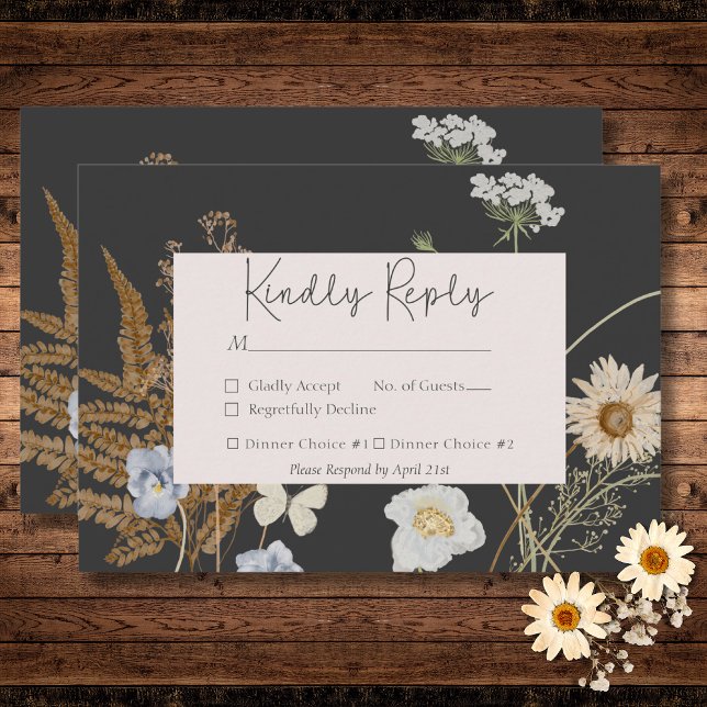 Cartons Réponse Fleurs sauvages sur Mariage de charbon de bois Deu (Wildflowers on Charcoal Wedding QR Code RSVP Card)